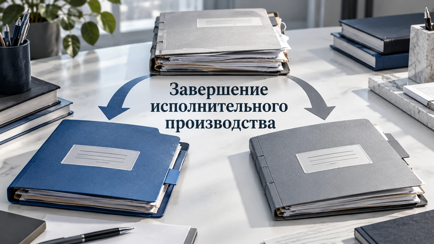 Две папки рядом с документами по завершению исполнительного производства.